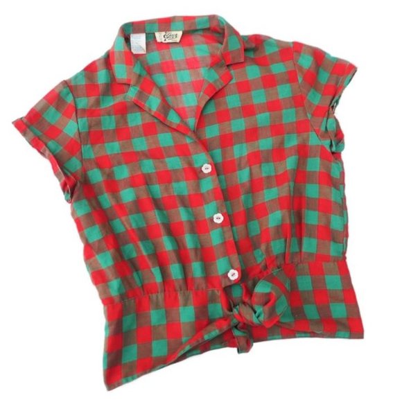 Vintage Blues Paris Red Green Check Crop Top Tie Waist Flower Buttons France M - Picture 4 of 9